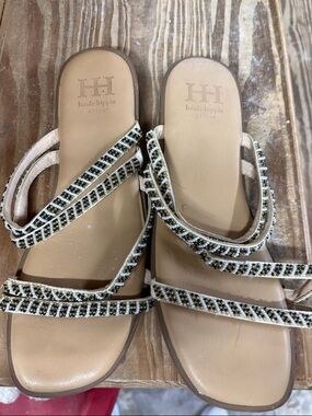Haute Hippie Beige and Black Beaded Strappy Sandals